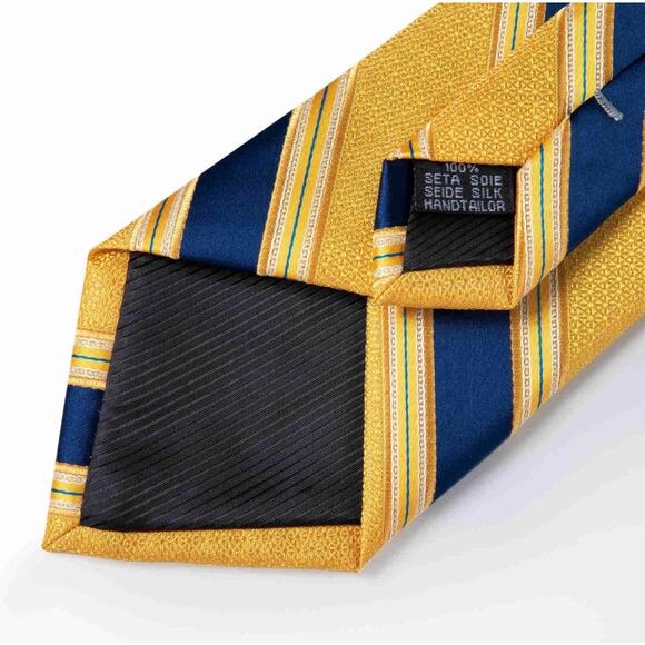 DiBanGu Gold Navy Blue Striped Tie Set with Cufflinks & Pocket Square Gift Box - Picture 5 of 8